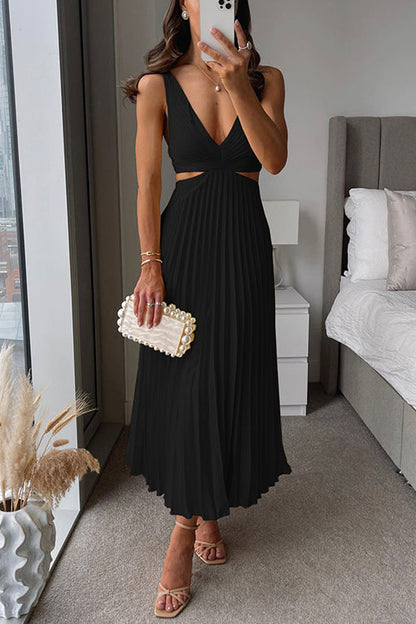 Giselle | Pleated Cutout Waist Midi Dress