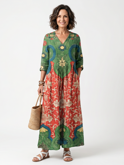 Sloane | Mixed Print V Neck Pocket Midi Dress