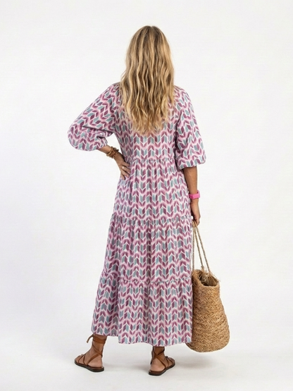 Mireya | Geometric Print Long Sleeve Tiered Midi Dress