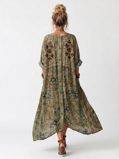 Aleta | Button Front Embroidered Oversized Pocket Midi Dress