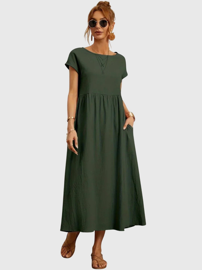 Nora | Linen Gathered Waist Midi Dress