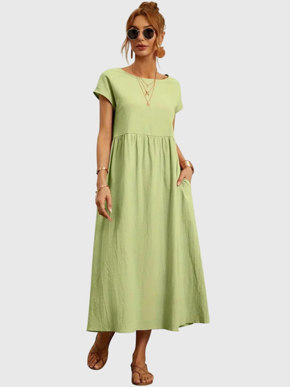 Nora | Linen Gathered Waist Midi Dress