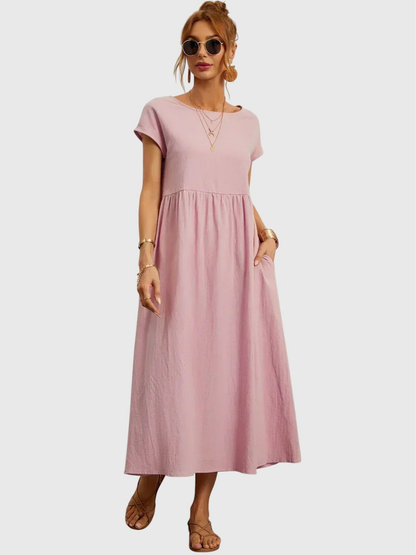 Nora | Linen Gathered Waist Midi Dress