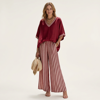 Juliana | V-Neck Varsity Top & Stripe Wide-Leg Set