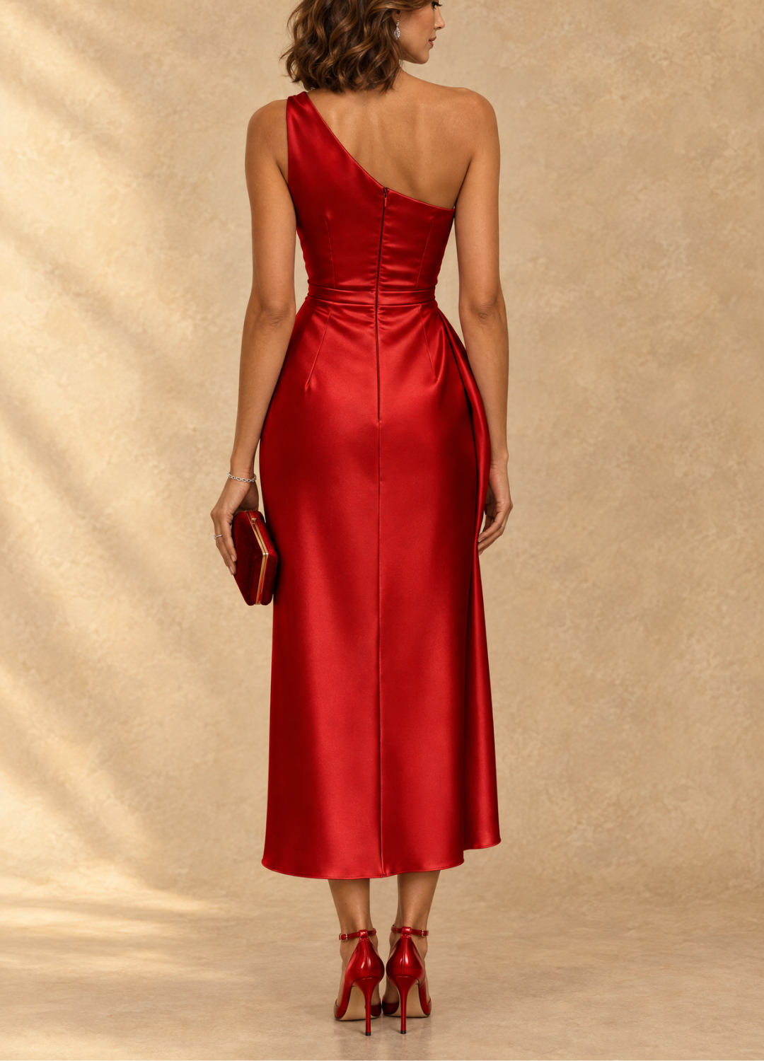 Marielle one shoulder satin midi dress, Red back view